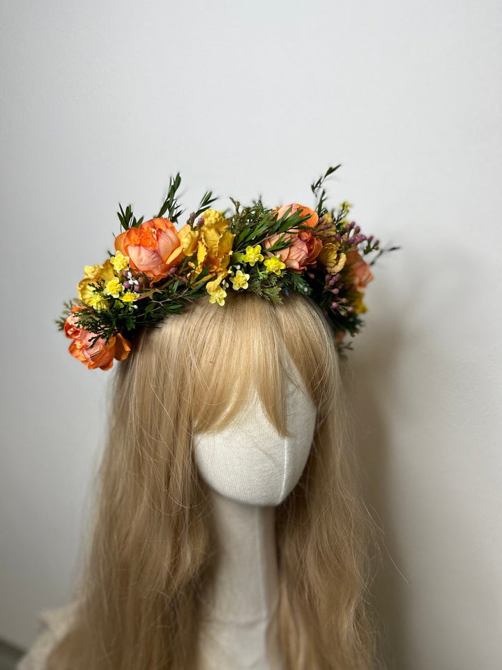 Sunset Flower Half Wreath: Autumn Wedding Crown, Boho Bridal Accessory – handmade floral hair accessory by magaela