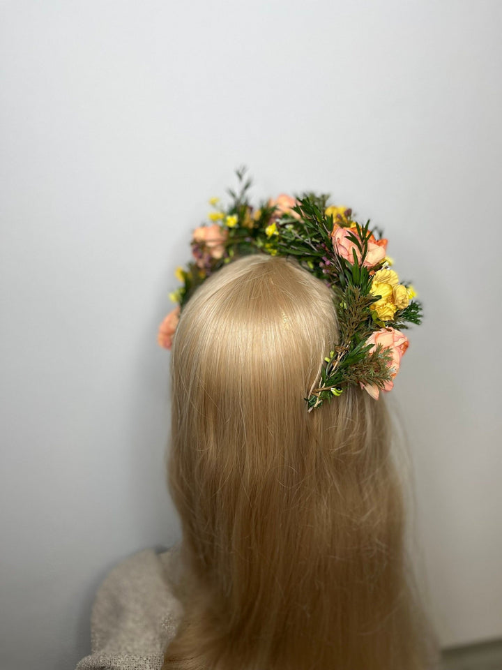 Sunset Flower Half Wreath: Autumn Wedding Crown, Boho Bridal Accessory – handmade floral hair accessory by magaela