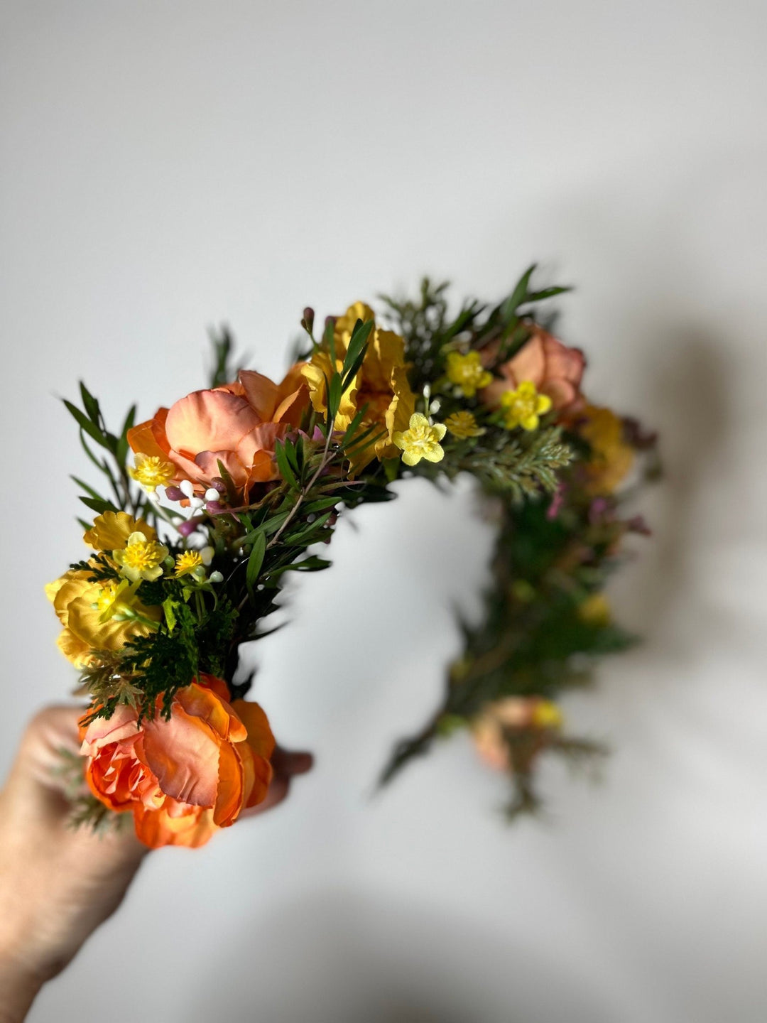 Sunset Flower Half Wreath: Autumn Wedding Crown, Boho Bridal Accessory – handmade floral hair accessory by magaela