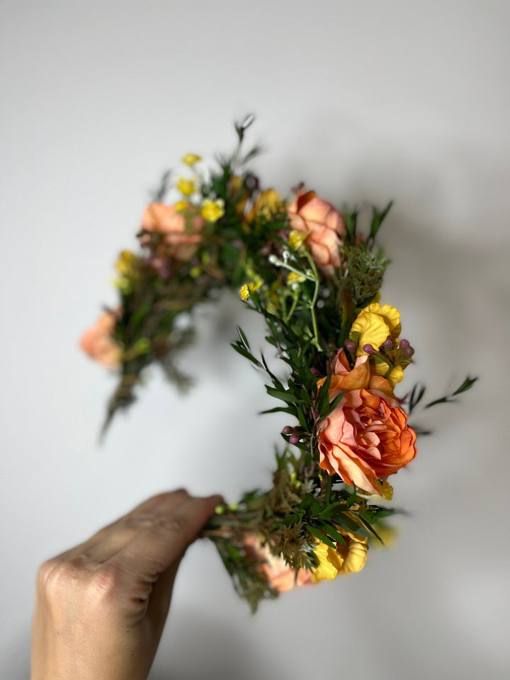 Sunset Flower Half Wreath: Autumn Wedding Crown, Boho Bridal Accessory – handmade floral hair accessory by magaela