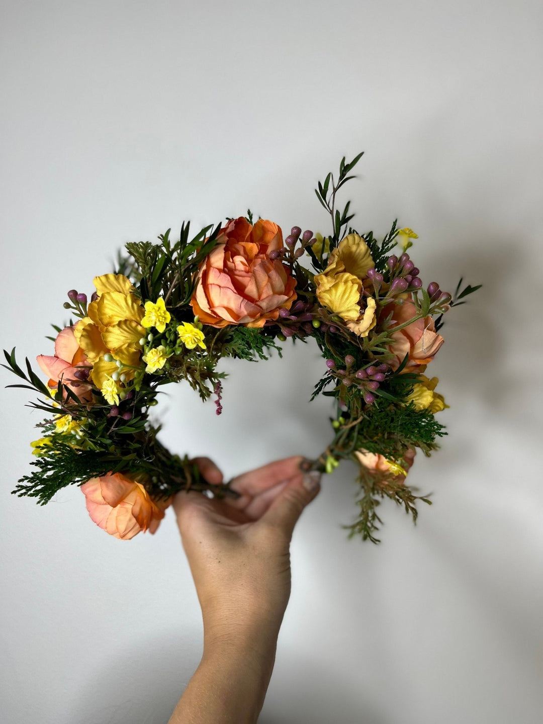 Sunset Flower Half Wreath: Autumn Wedding Crown, Boho Bridal Accessory – handmade floral hair accessory by magaela