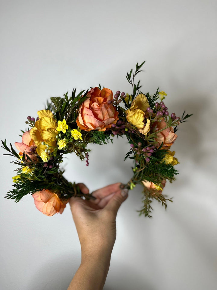 Sunset Flower Half Wreath: Autumn Wedding Crown, Boho Bridal Accessory – handmade floral hair accessory by magaela