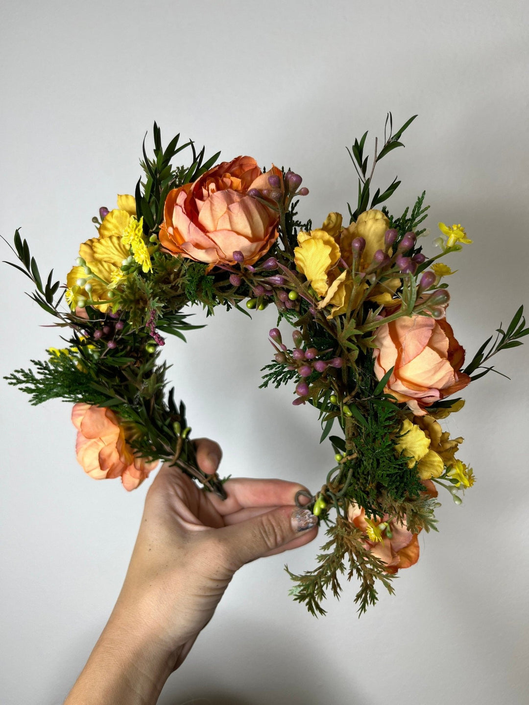 Sunset Flower Half Wreath: Autumn Wedding Crown, Boho Bridal Accessory – handmade floral hair accessory by magaela