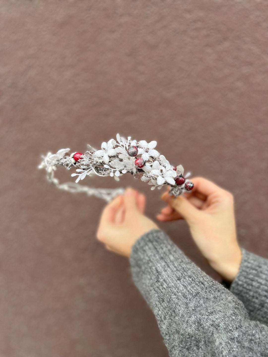 Winter Flower Half Wreath: Frozen Rose Hips, Christmas Wedding Crown – handmade floral hair accessory by magaela