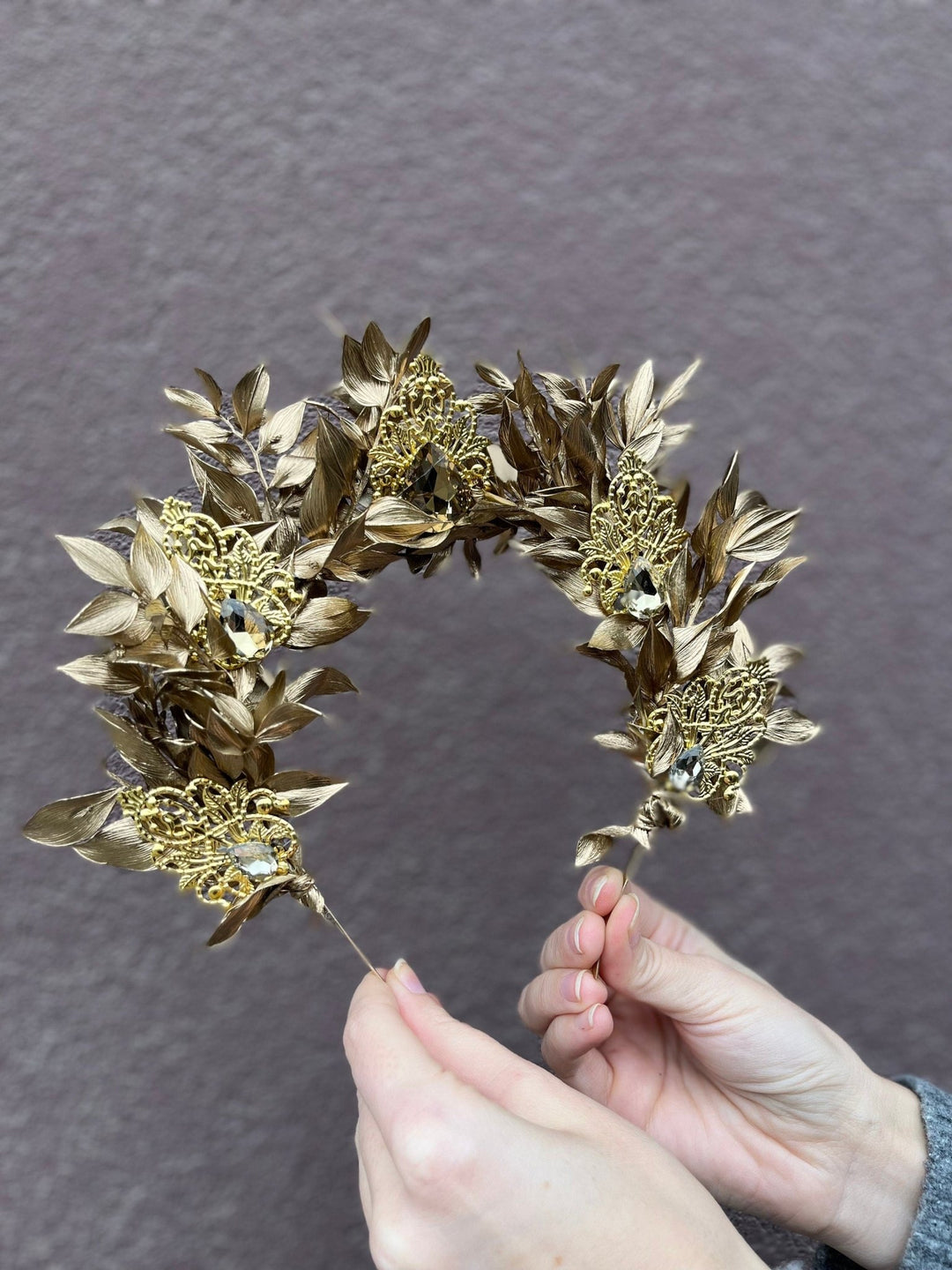 Golden Flower Bridal Crown: Emerald Crystal Wedding Headband – handmade floral hair accessory by magaela