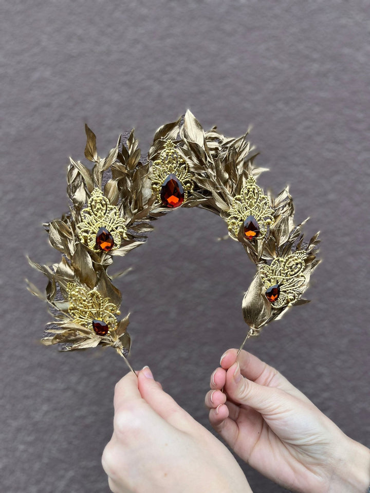 Golden Flower Bridal Crown: Emerald Crystal Wedding Headband – handmade floral hair accessory by magaela