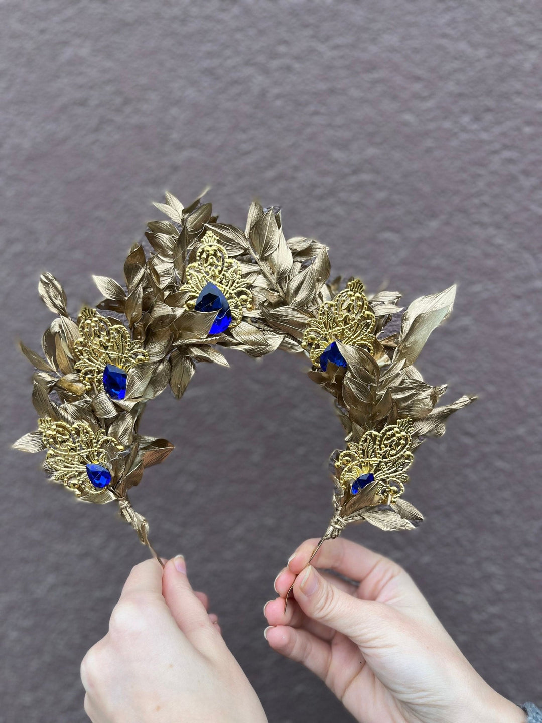 Golden Flower Bridal Crown: Emerald Crystal Wedding Headband – handmade floral hair accessory by magaela