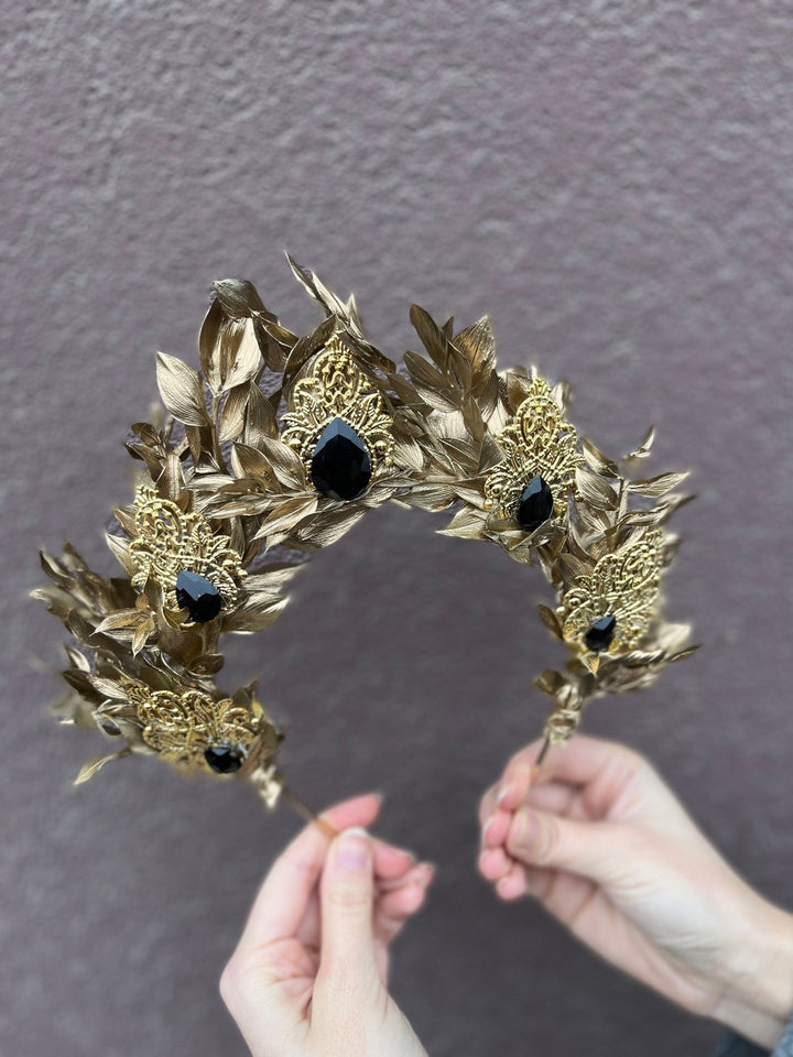 Golden Flower Bridal Crown: Emerald Crystal Wedding Headband – handmade floral hair accessory by magaela