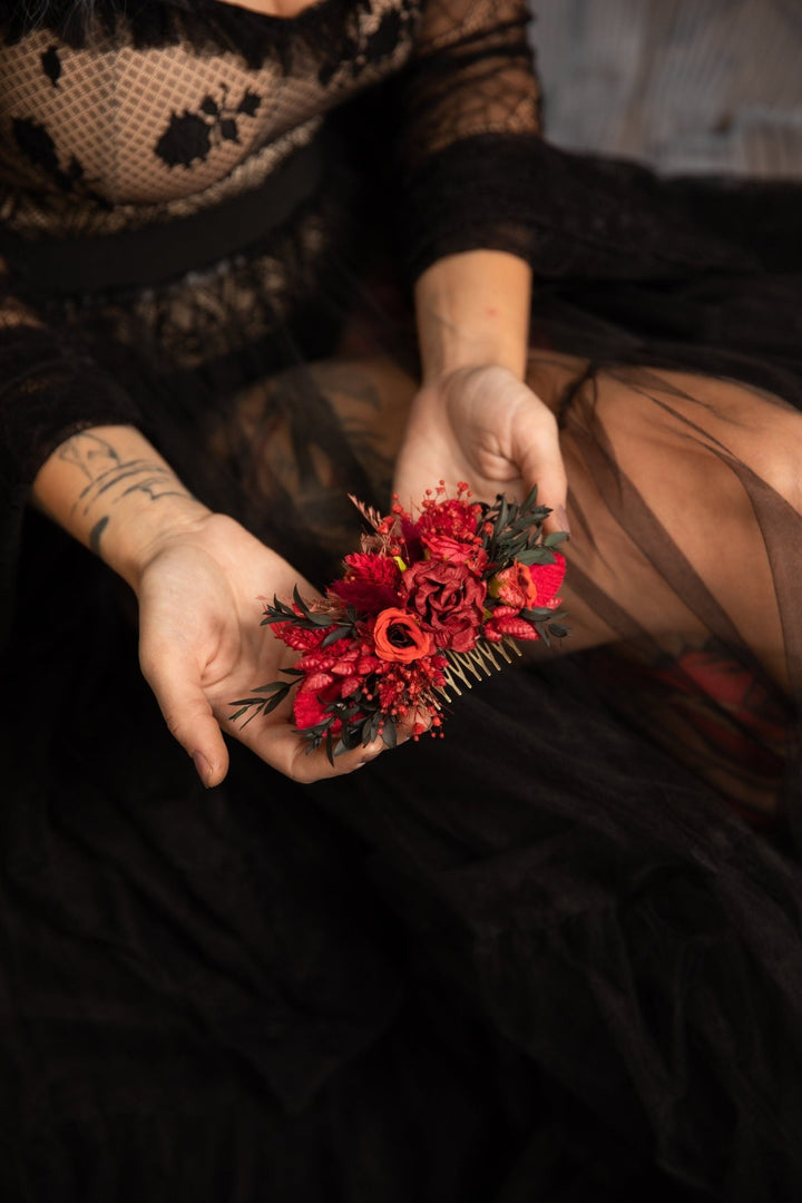 Red Flower Hair Comb: Bridal Wedding Hair Accessory – handmade floral hair accessory by magaela
