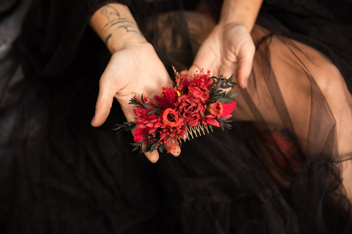 Red Flower Hair Comb: Bridal Wedding Hair Accessory – handmade floral hair accessory by magaela