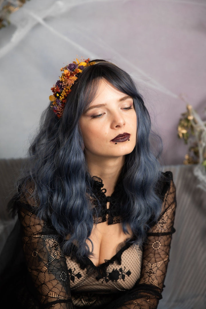 Autumn Flower Headband: Bridal Wedding Crown, Purple Roses – handmade floral hair accessory by magaela