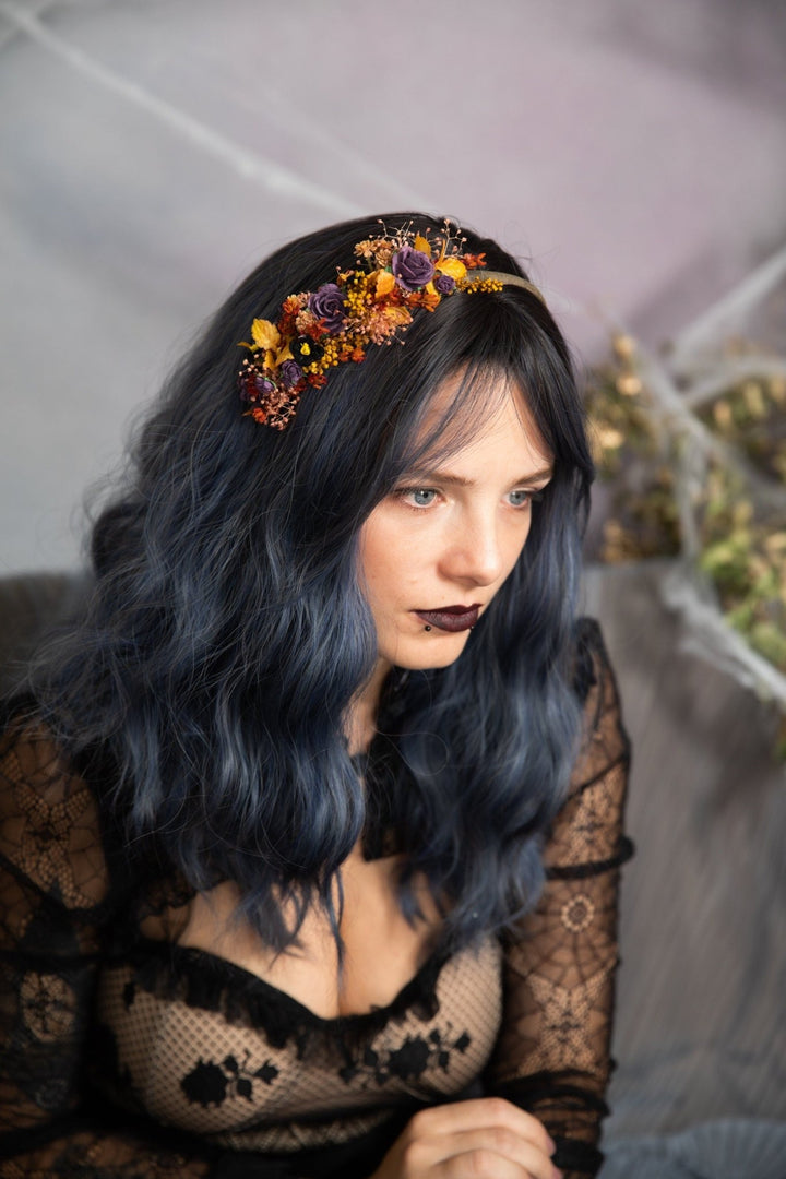 Autumn Flower Headband: Bridal Wedding Crown, Purple Roses – handmade floral hair accessory by magaela