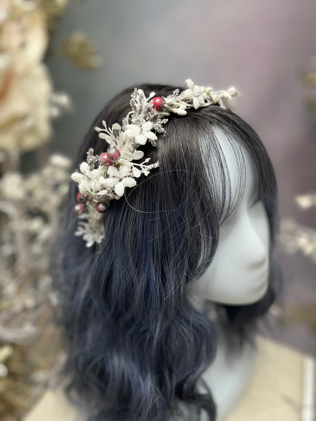 Winter Flower Half Wreath: Frozen Rose Hips, Christmas Wedding Crown – handmade floral hair accessory by magaela