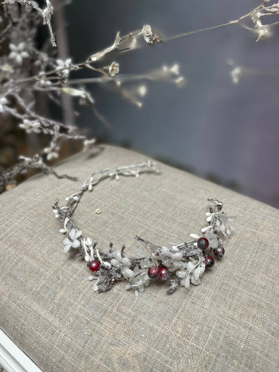 Winter Flower Half Wreath: Frozen Rose Hips, Christmas Wedding Crown – handmade floral hair accessory by magaela