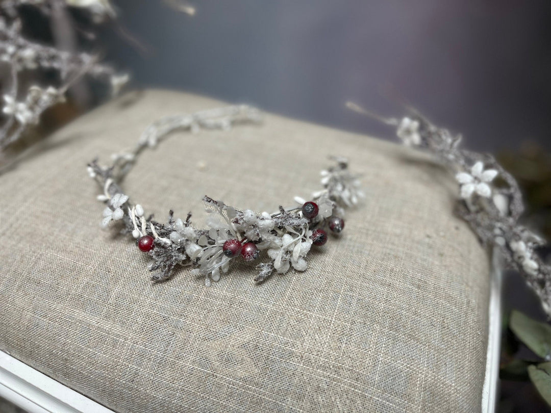 Winter Flower Half Wreath: Frozen Rose Hips, Christmas Wedding Crown – handmade floral hair accessory by magaela