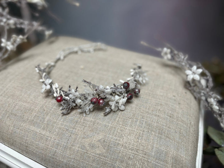 Winter Flower Half Wreath: Frozen Rose Hips, Christmas Wedding Crown – handmade floral hair accessory by magaela