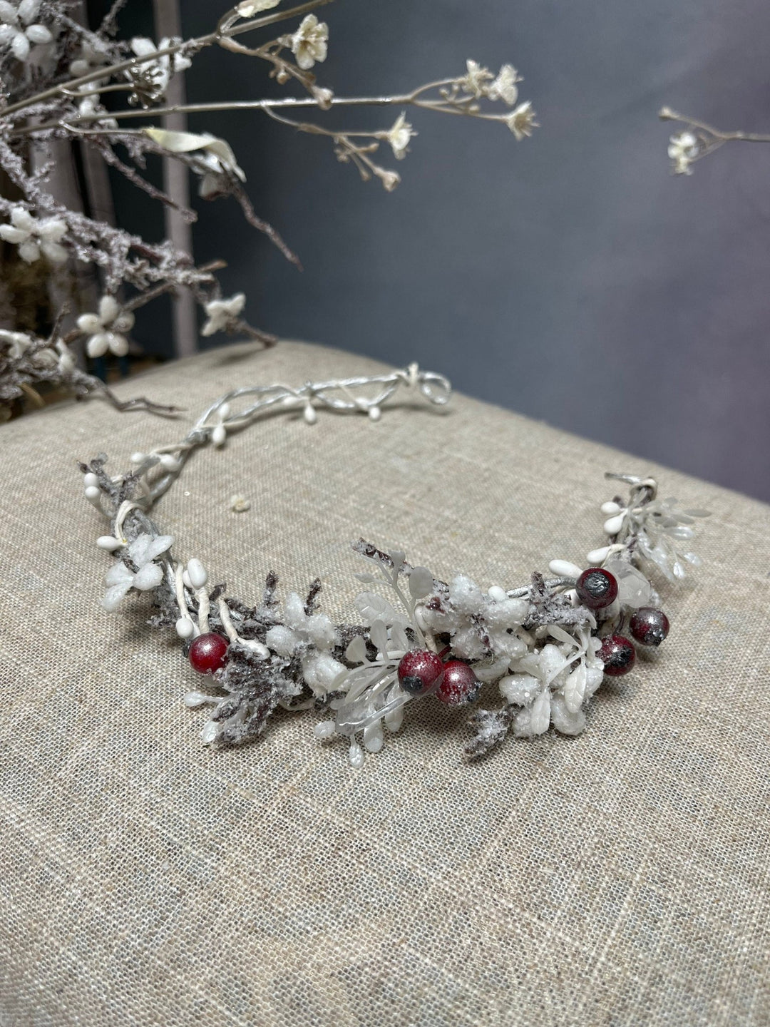 Winter Flower Half Wreath: Frozen Rose Hips, Christmas Wedding Crown – handmade floral hair accessory by magaela