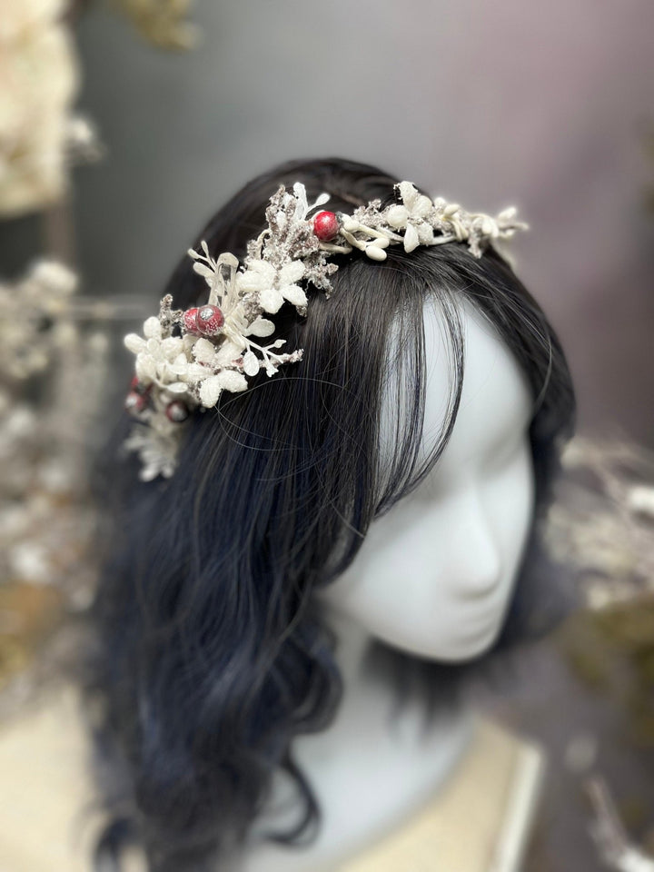 Winter Flower Half Wreath: Frozen Rose Hips, Christmas Wedding Crown – handmade floral hair accessory by magaela