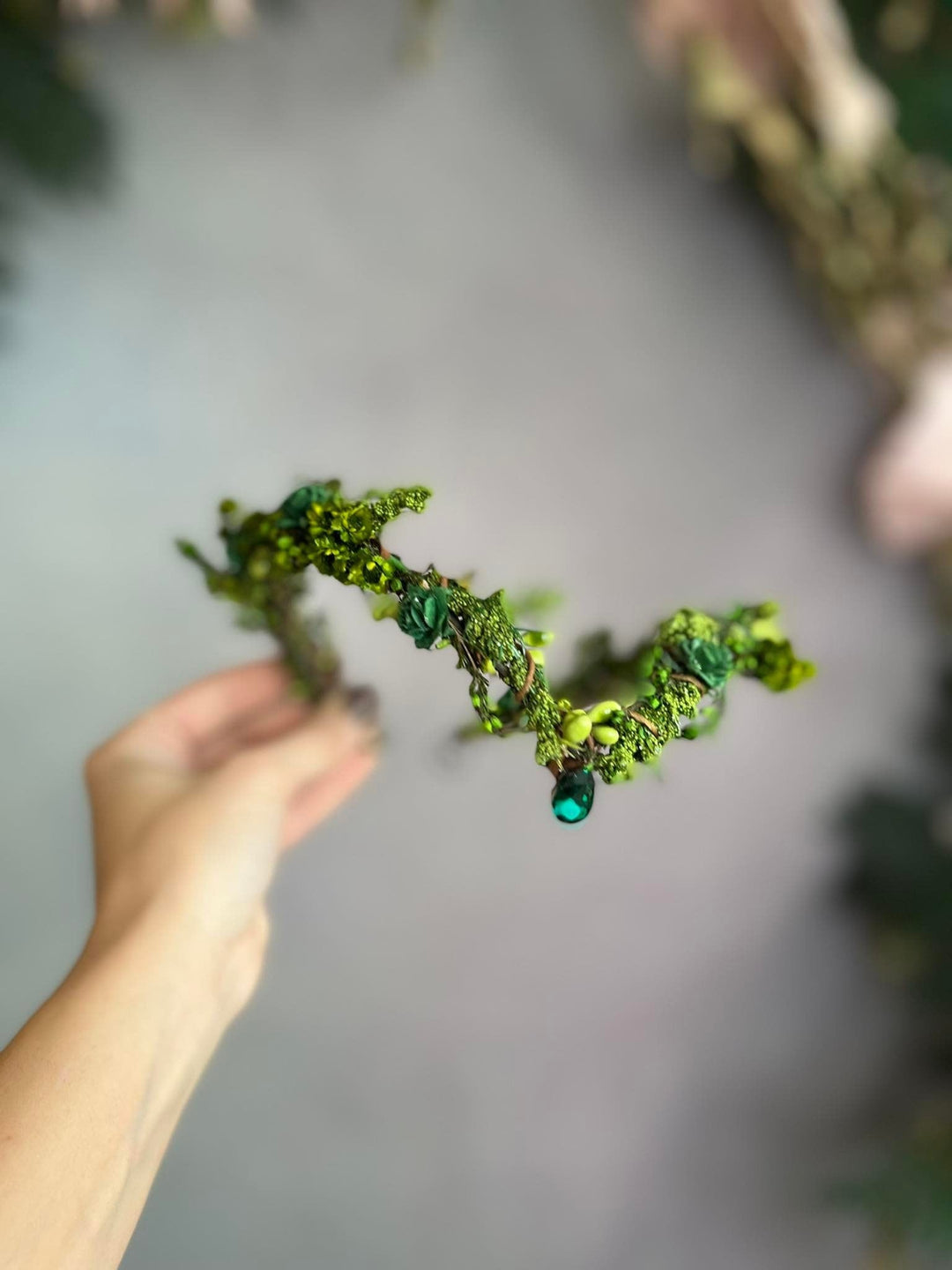 Green Flower Elf Tiara: Woodland Wedding Fairy Crown – handmade floral hair accessory by magaela