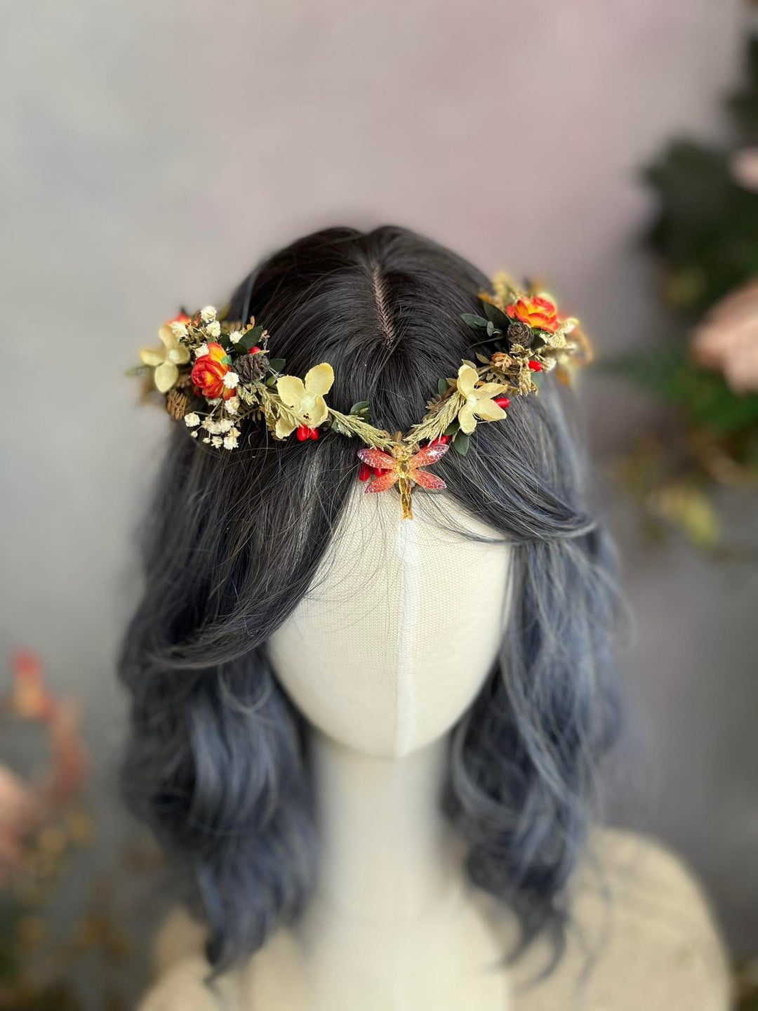 Autumn Wedding Flower Crown: Elven Fairy Tiara with Dragonfly – handmade floral hair accessory by magaela