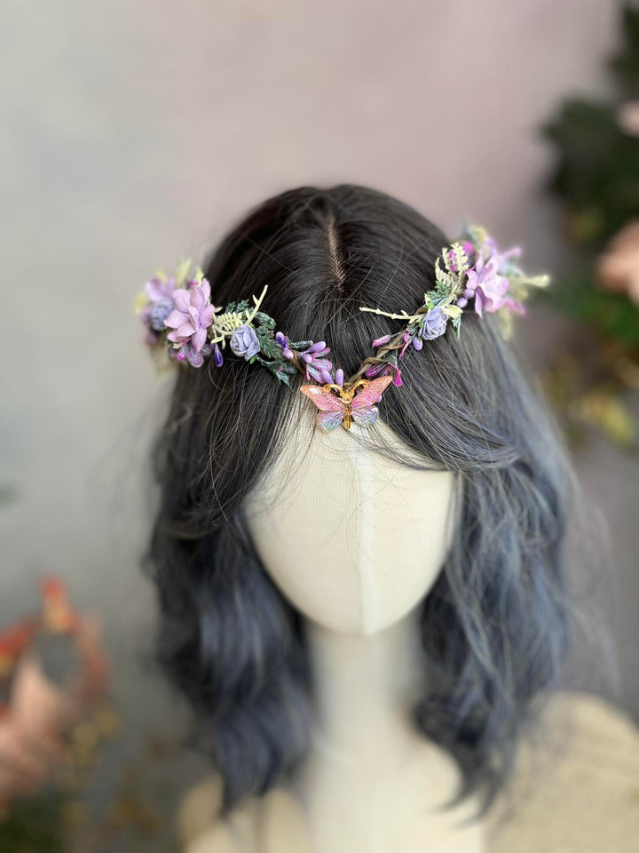 Elven Flower Tiara: Butterfly Wedding Crown, Lilac Fairy Bridal Headpiece – handmade floral hair accessory by magaela
