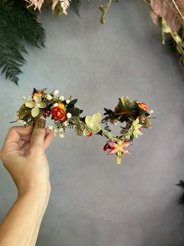 Autumn Wedding Flower Crown: Elven Fairy Tiara with Dragonfly – handmade floral hair accessory by magaela