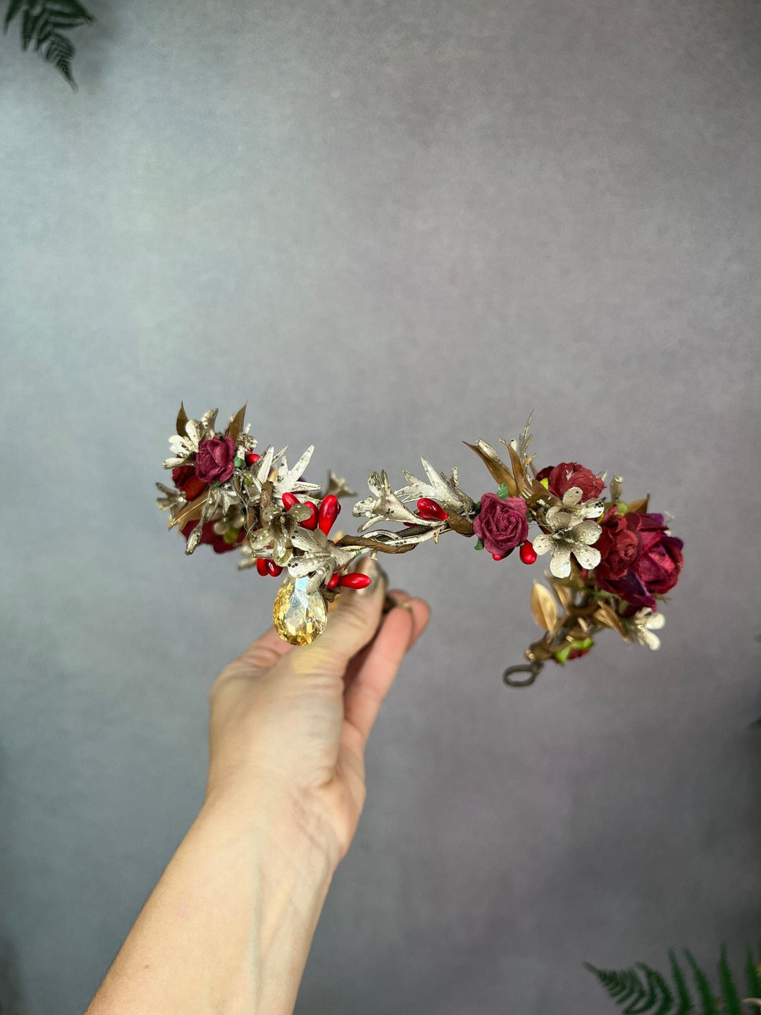 Golden Burgundy Flower Tiara: Elven Wedding Bridal Crown – handmade floral hair accessory by magaela