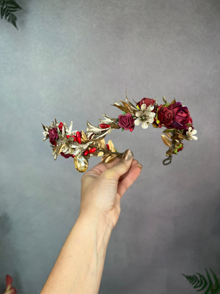 Golden Burgundy Flower Tiara: Elven Wedding Bridal Crown – handmade floral hair accessory by magaela