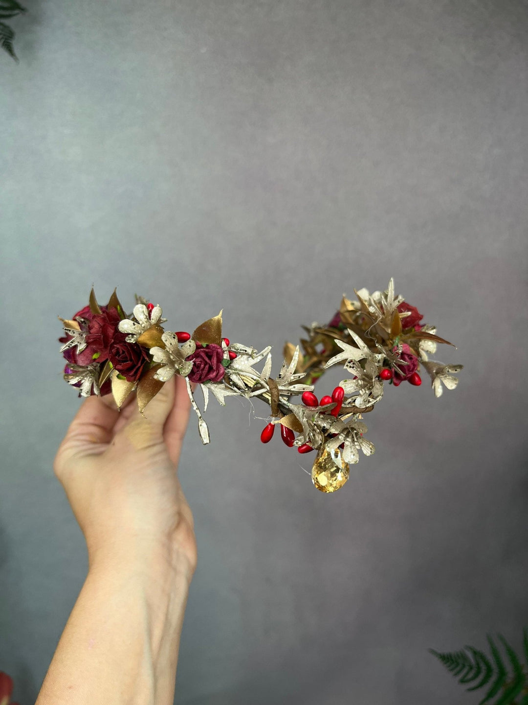 Golden Burgundy Flower Tiara: Elven Wedding Bridal Crown – handmade floral hair accessory by magaela