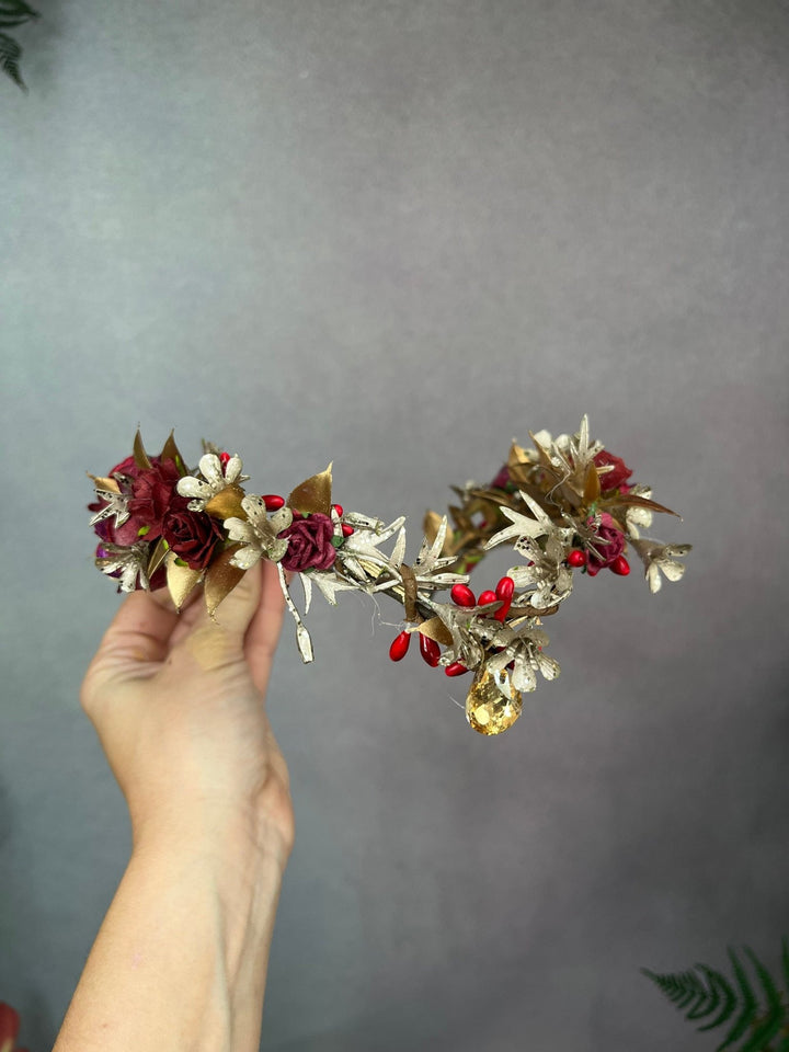 Golden Burgundy Flower Tiara: Elven Wedding Bridal Crown – handmade floral hair accessory by magaela