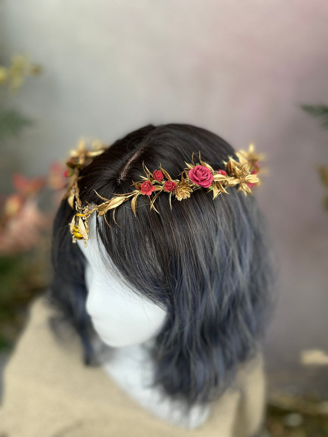 Flower Elven Tiara: Golden Burgundy Fairy Crown with Bee – handmade floral hair accessory by magaela