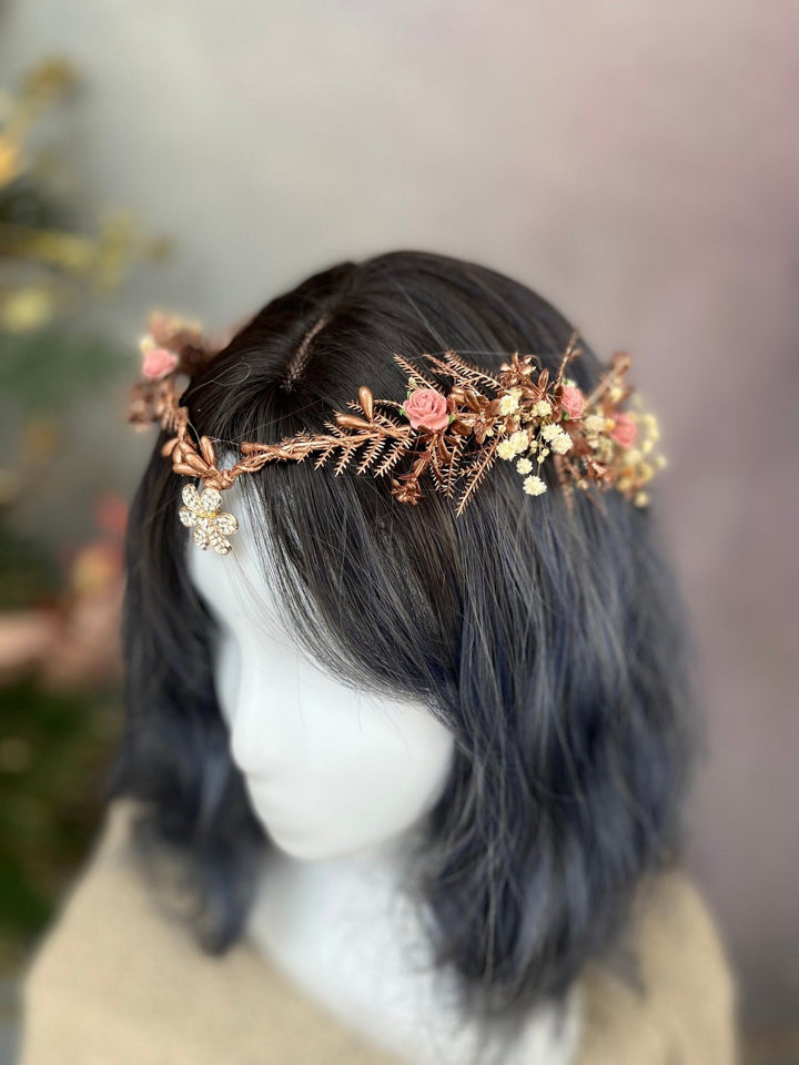 Romantic Rose Gold Flower Tiara: Elven Bridal Wedding Crown – handmade floral hair accessory by magaela
