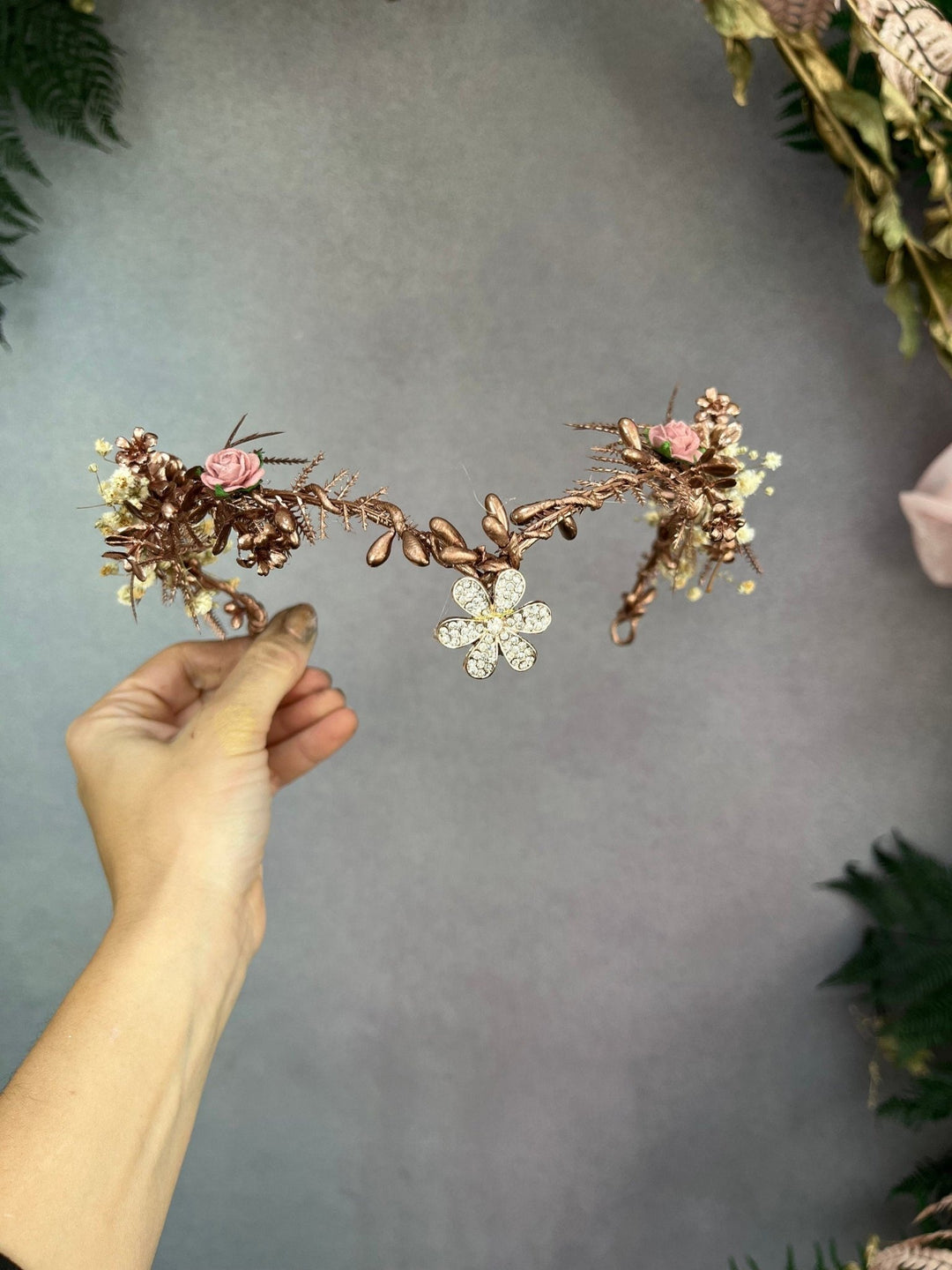 Romantic Rose Gold Flower Tiara: Elven Bridal Wedding Crown – handmade floral hair accessory by magaela