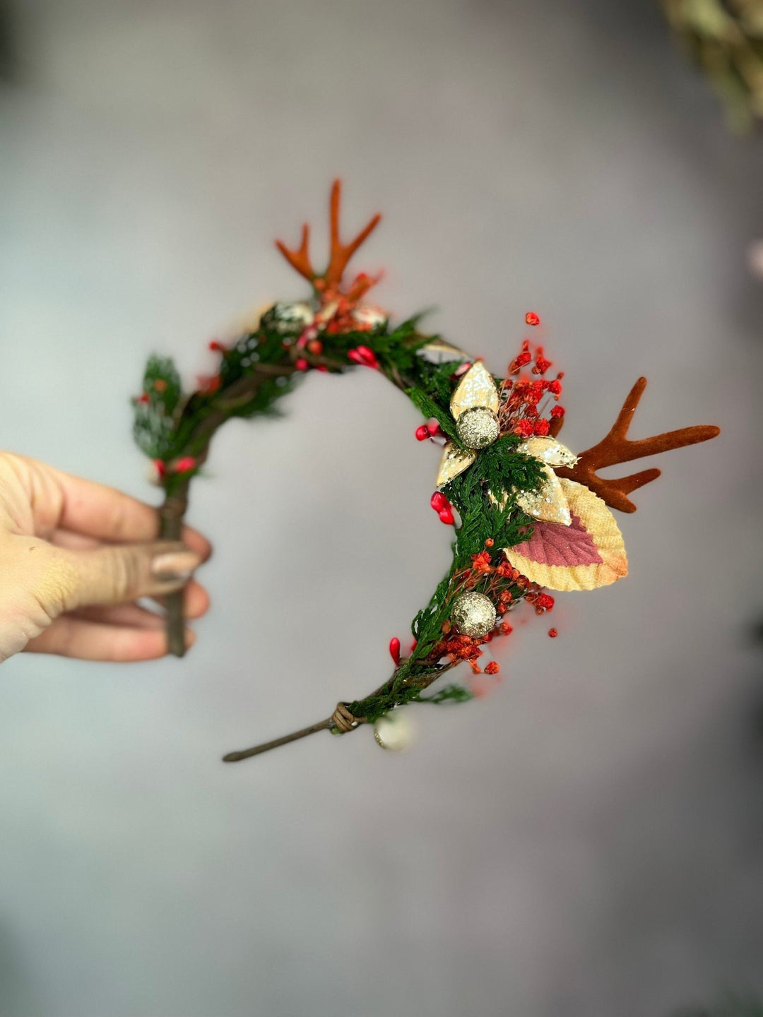 Christmas Flower Antler Headband: Xmas Party Hair Accessory – handmade floral hair accessory by magaela