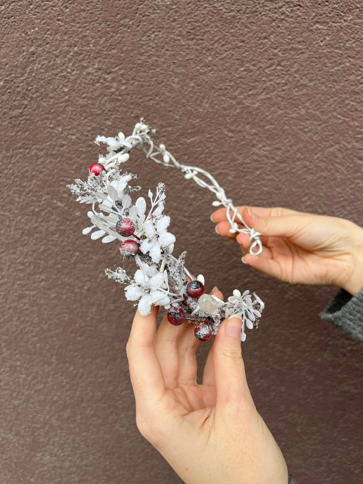 Winter Flower Half Wreath: Frozen Rose Hips, Christmas Wedding Crown – handmade floral hair accessory by magaela