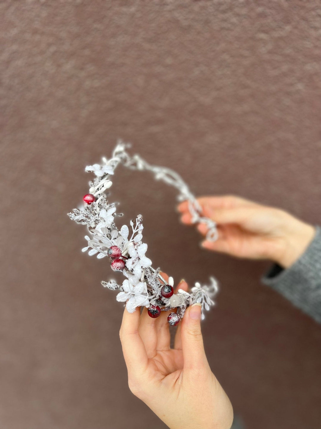 Winter Flower Half Wreath: Frozen Rose Hips, Christmas Wedding Crown – handmade floral hair accessory by magaela