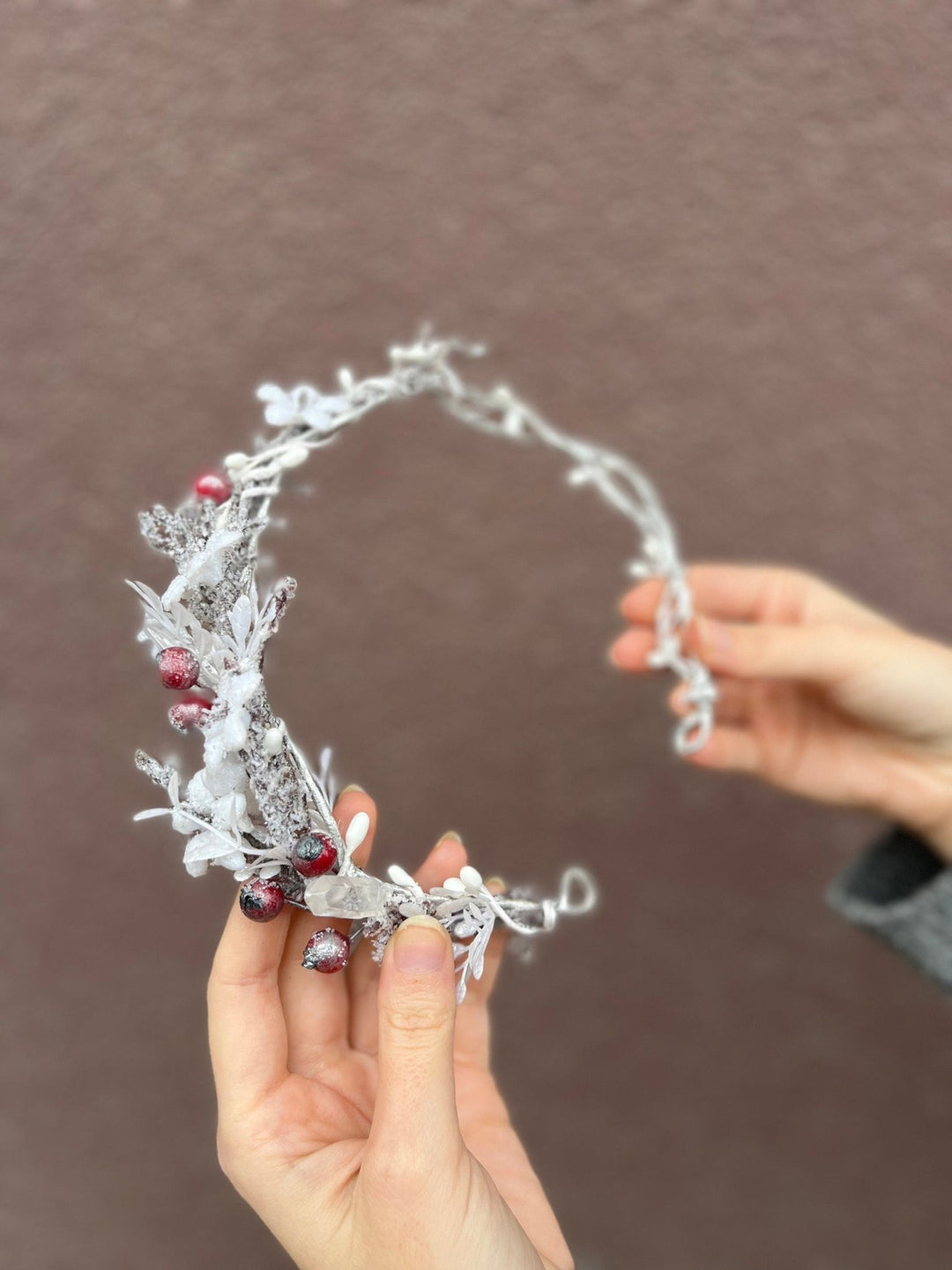 Winter Flower Half Wreath: Frozen Rose Hips, Christmas Wedding Crown – handmade floral hair accessory by magaela