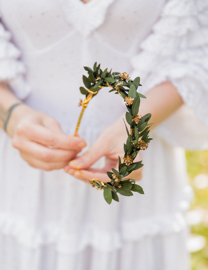 Eucalyptus Wedding Headband: Preserved Greenery, Gold Accents – handmade floral hair accessory by magaela