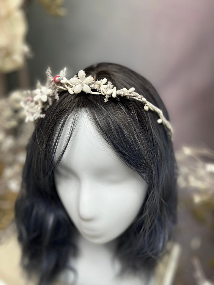 Winter Flower Half Wreath: Frozen Rose Hips, Christmas Wedding Crown – handmade floral hair accessory by magaela