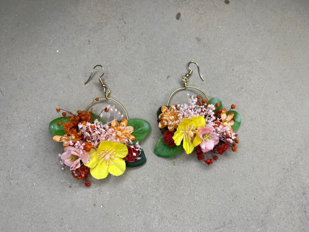 Floral Hoop Earrings: Bridal Wedding Jewelry, Orange Yellow Flowers – handmade floral hair accessory by magaela