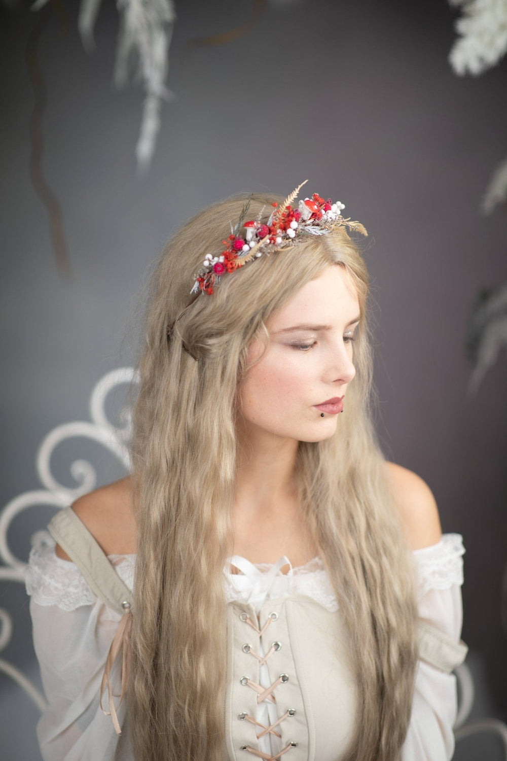 Red Woodland Flower Half Wreath: Mushroom Rosehip Fairy Crown – handmade floral hair accessory by magaela