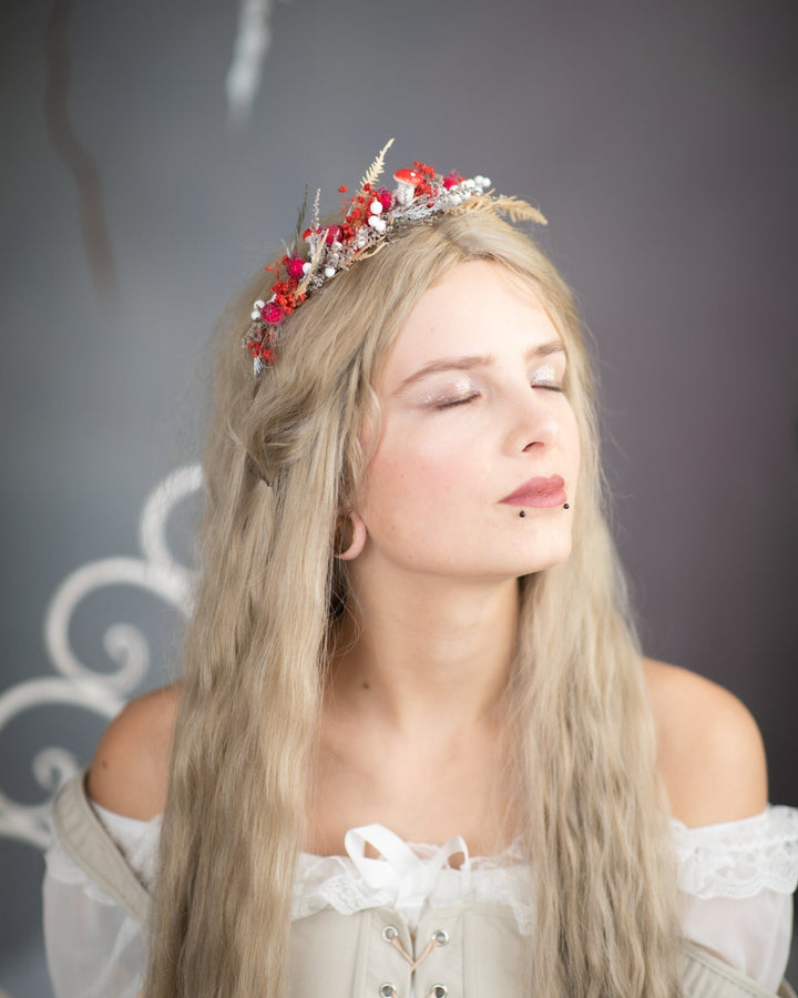 Red Woodland Flower Half Wreath: Mushroom Rosehip Fairy Crown – handmade floral hair accessory by magaela