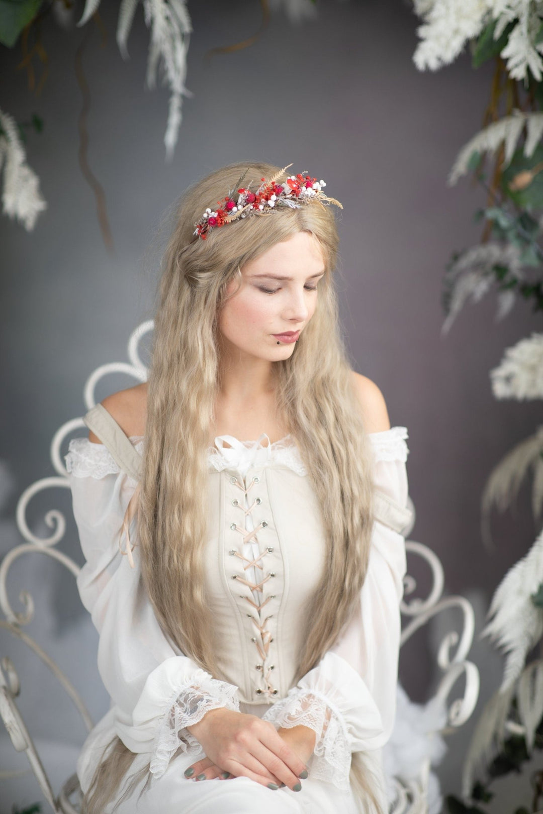 Red Woodland Flower Half Wreath: Mushroom Rosehip Fairy Crown – handmade floral hair accessory by magaela