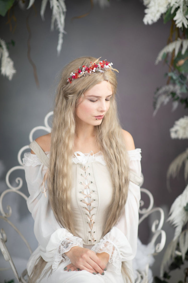 Red Woodland Flower Half Wreath: Mushroom Rosehip Fairy Crown – handmade floral hair accessory by magaela