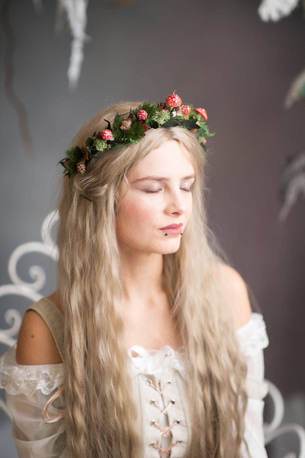 Woodland Flower Crown: Red Mushroom & Pine Cone Hair Wreath – handmade floral hair accessory by magaela