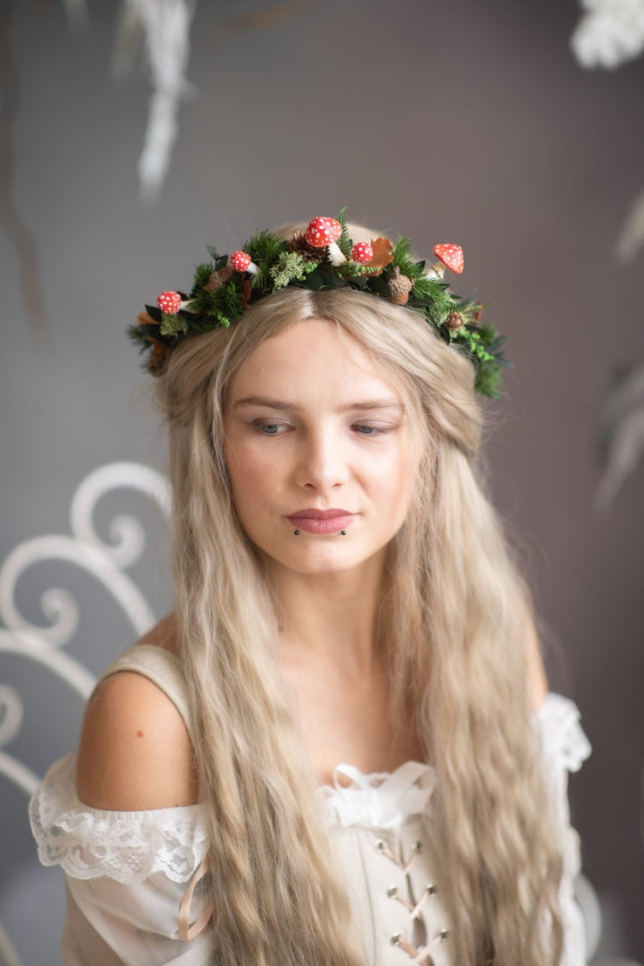 Woodland Flower Crown: Red Mushroom & Pine Cone Hair Wreath – handmade floral hair accessory by magaela