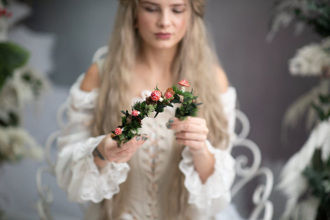 Mushroom Flower Crown: Woodland Fairytale Headpiece – handmade floral hair accessory by magaela