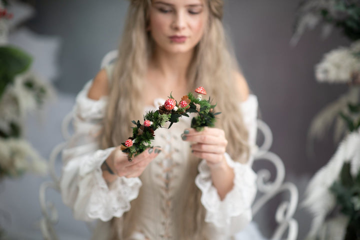 Mushroom Flower Crown: Woodland Fairytale Headpiece – handmade floral hair accessory by magaela