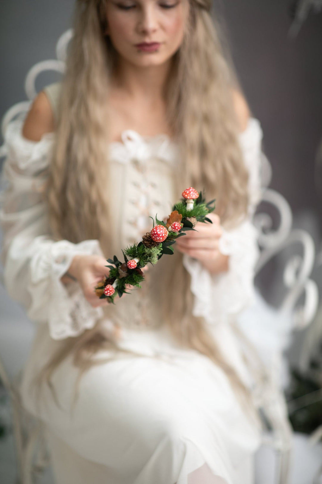 Woodland Flower Crown: Red Mushroom & Pine Cone Hair Wreath – handmade floral hair accessory by magaela