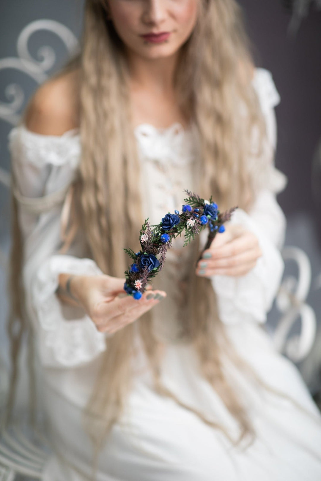 Winter Flower Headband: Blue Rose & Evergreen Bridal Crown – handmade floral hair accessory by magaela
